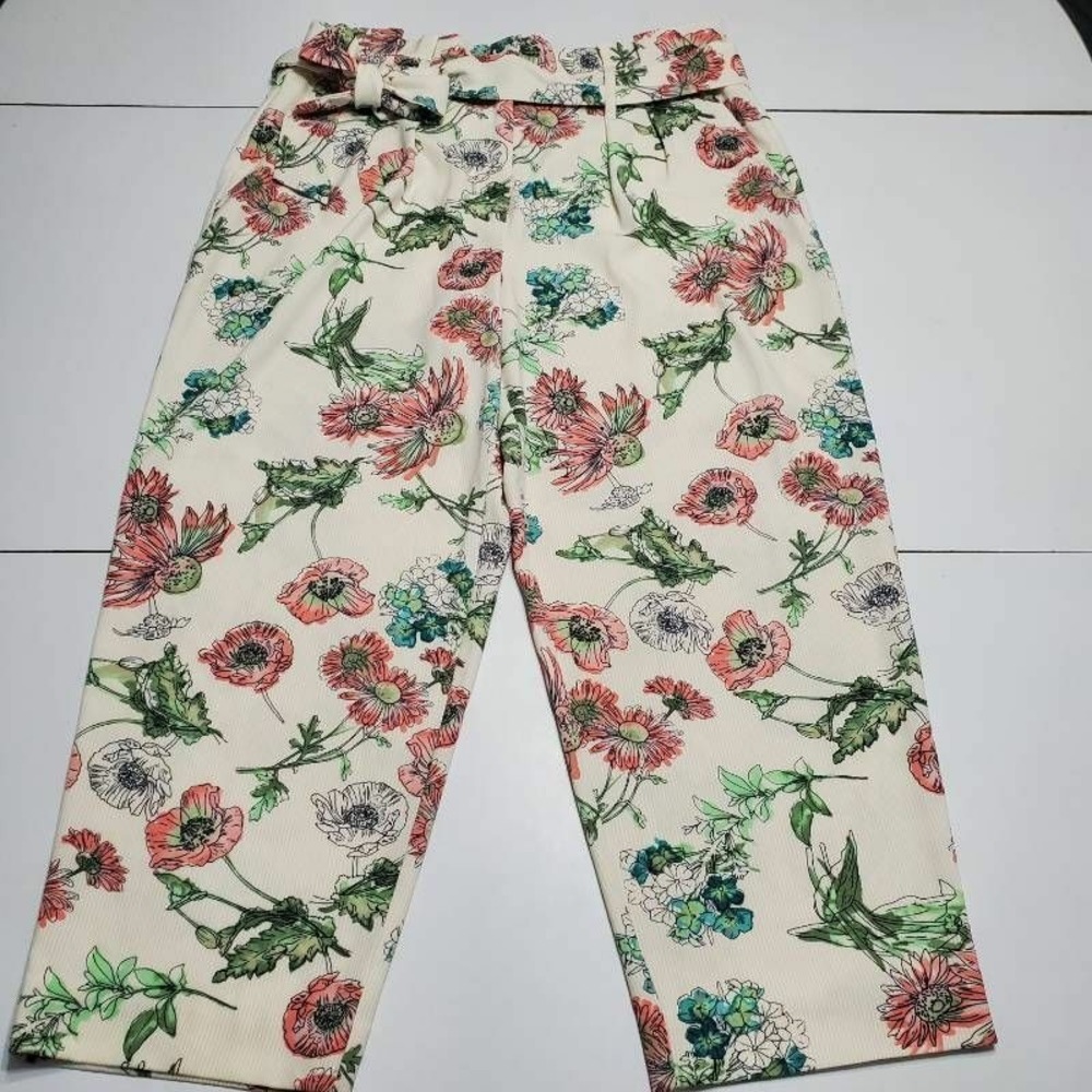 Kaari Blue Womens Cropped Pants White Green Floral Flat Front Belted Stretch 8